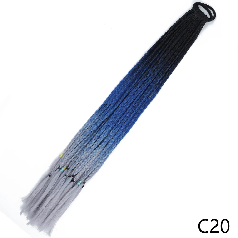 A dark blue to gray gradient pre-braided ponytail extension with an elastic band.
