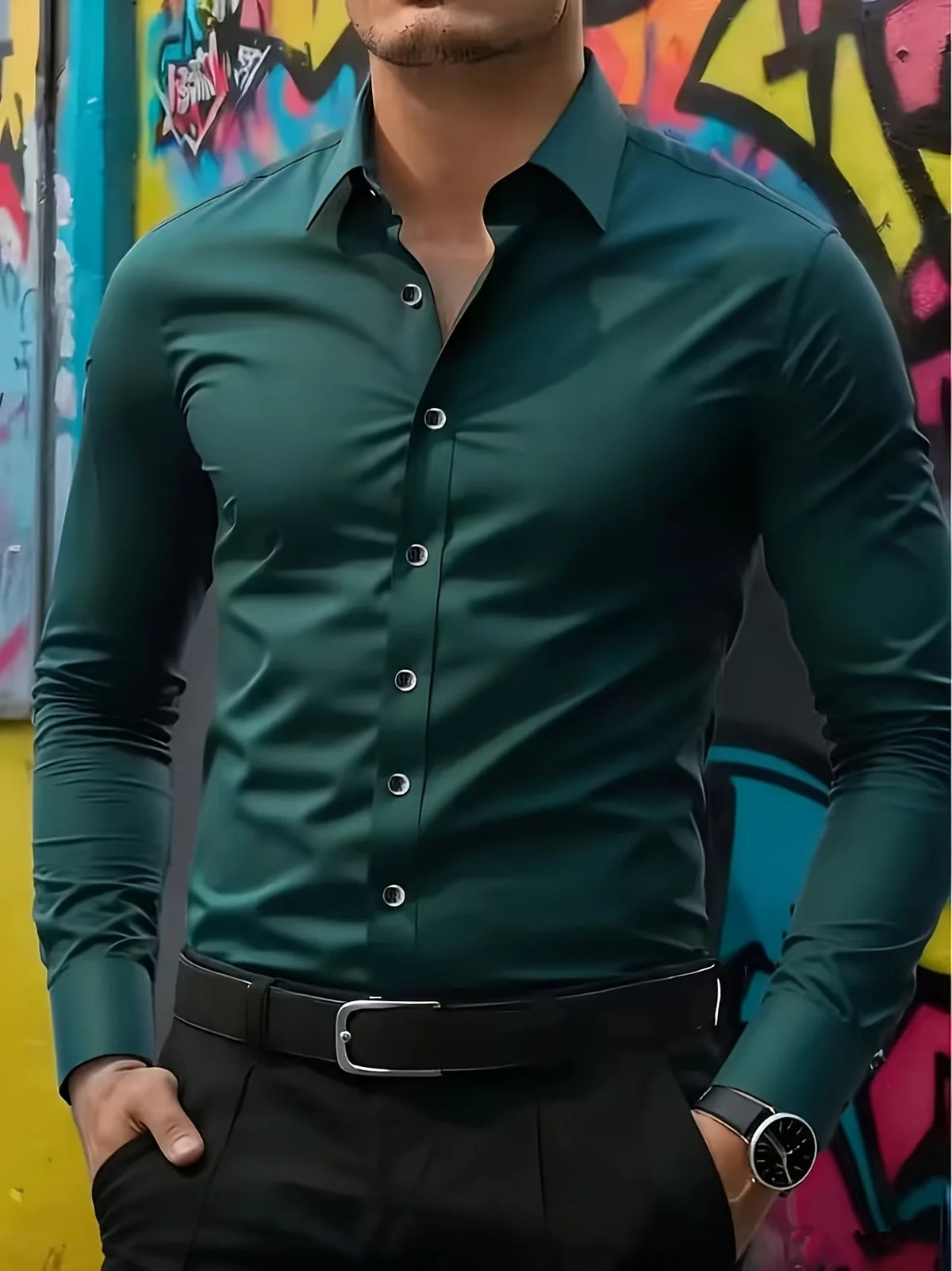 A man wearing a dark green long-sleeve formal shirt and black pants, posing in front of colorful graffiti.