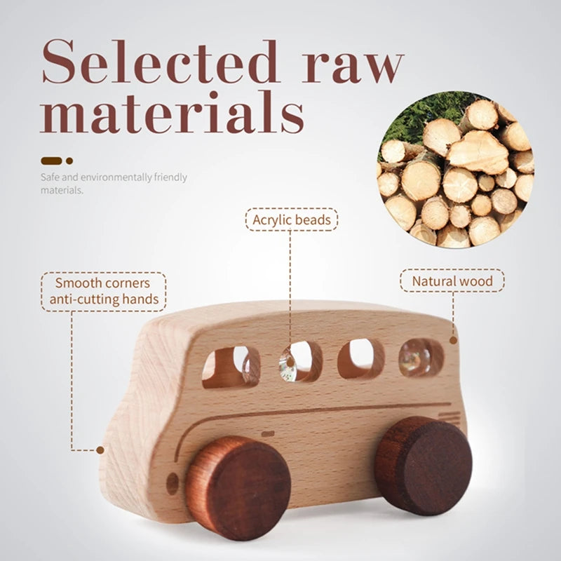 A light wooden cart toy with smooth corners and natural wood wheels, made from selected raw materials.