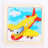A wooden 3D dinosaur puzzle set featuring a yellow airplane with red accents and clouds.