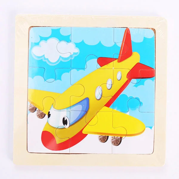 A wooden 3D dinosaur puzzle set featuring a yellow airplane with red accents and clouds.