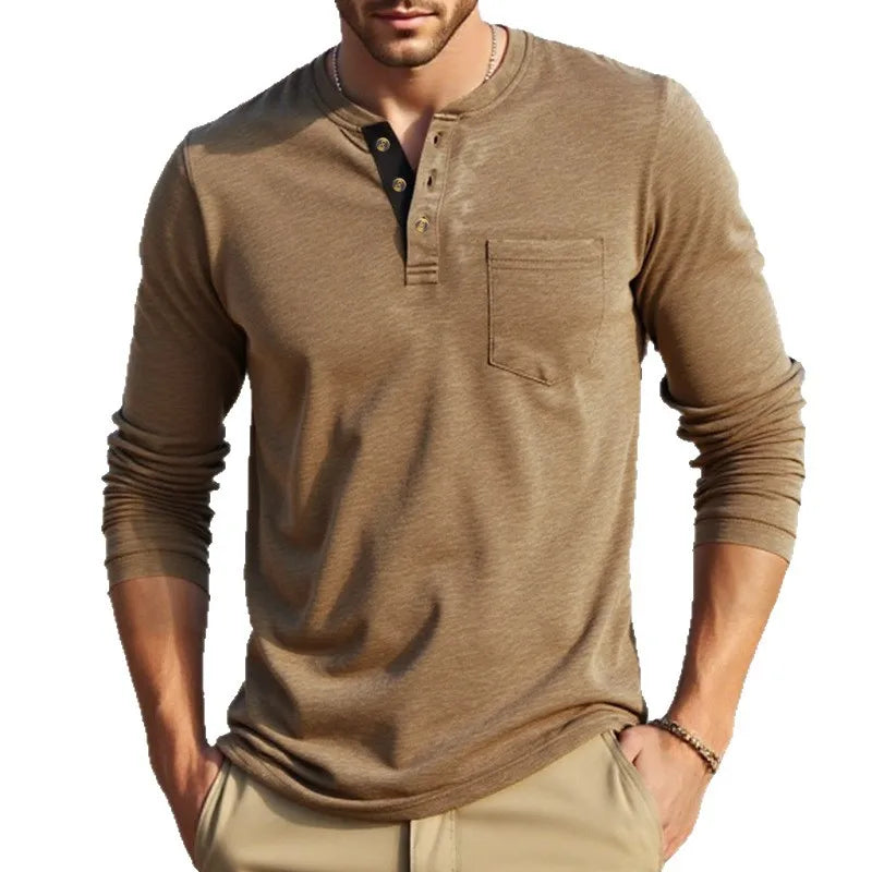 A man wearing a brown long-sleeve casual shirt with a chest pocket.