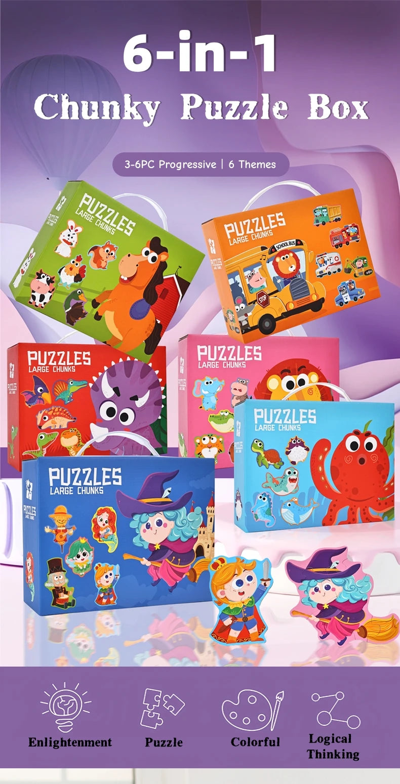 A box of 6-in-1 chunky puzzles featuring various themes and large chunks for children's educational play.