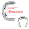 A gray neck and shoulder massager device shown in various angles with instructions for measuring the neck width.