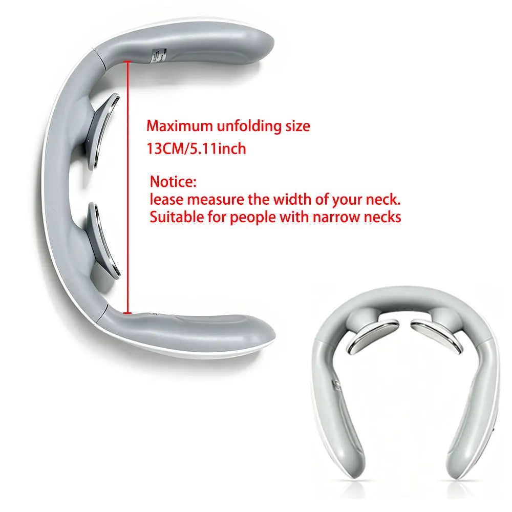 A gray neck and shoulder massager device shown in various angles with instructions for measuring the neck width.