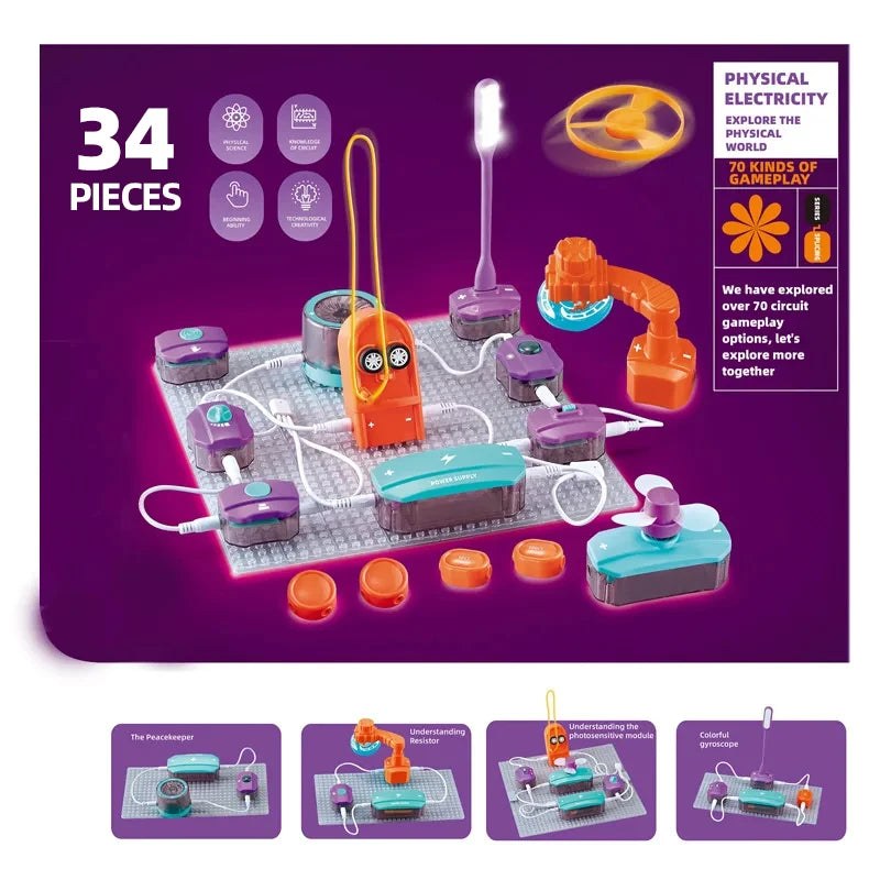 A set of 34 pieces of DIY electronic circuit building blocks for kids, including various components and a circuit board.