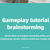 A teal screen displays the title Gameplay tutorial brainstorming and text about observation and logical reasoning ability.