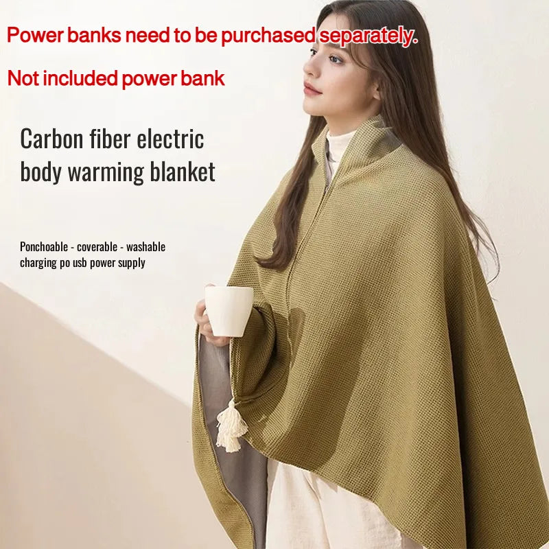 A woman models a olive green carbon fiber electric body warming blanket draped over her shoulders.