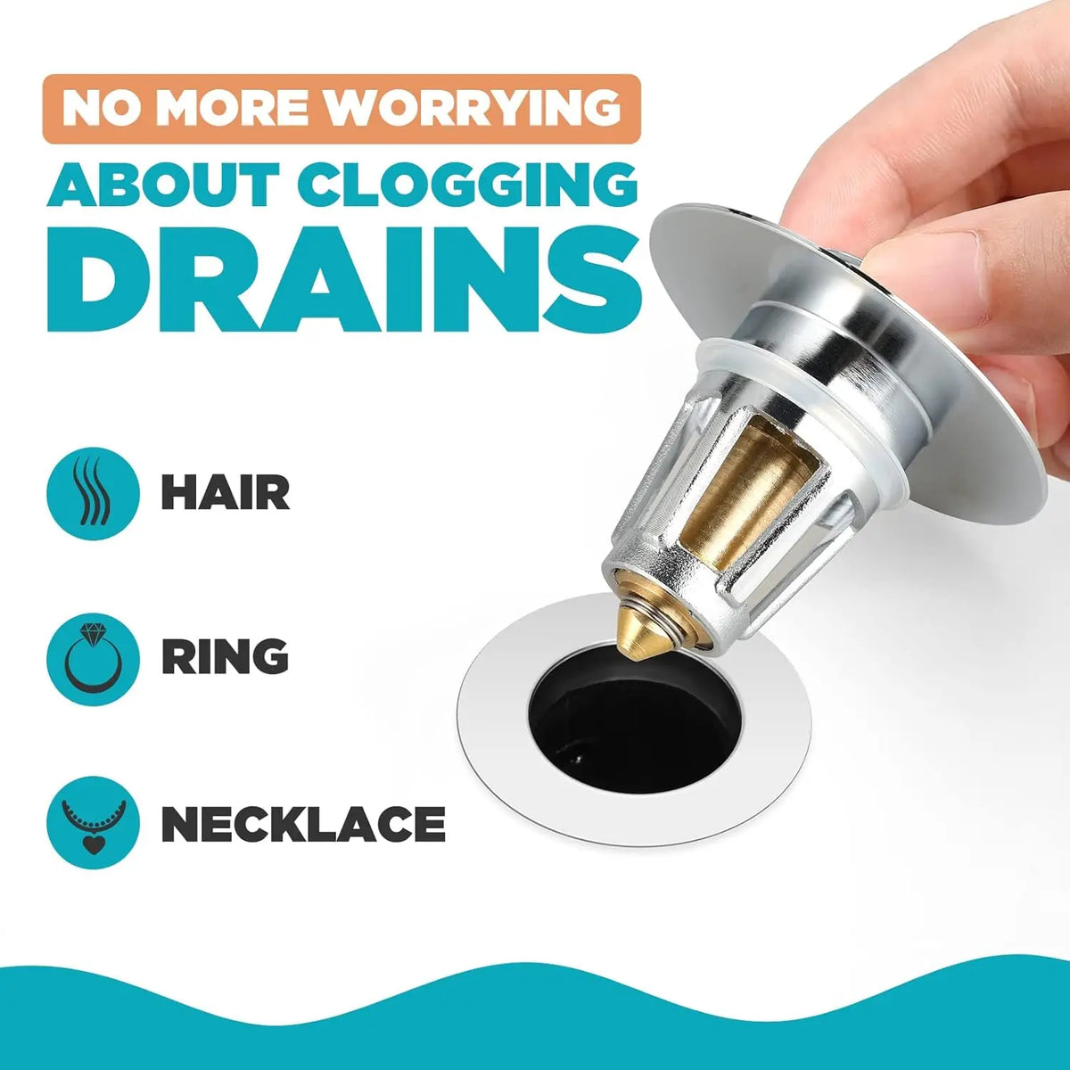 A hand is shown pushing a metal drain stopper into a sink or bathtub drain.