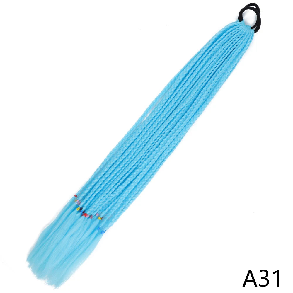 A gradient blue pre-braided ponytail extension with an elastic band.