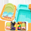 A set of kids pretend play kitchen sink components including plates cups and a blue plastic tub