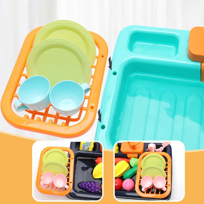 A set of kids pretend play kitchen sink components including plates cups and a blue plastic tub