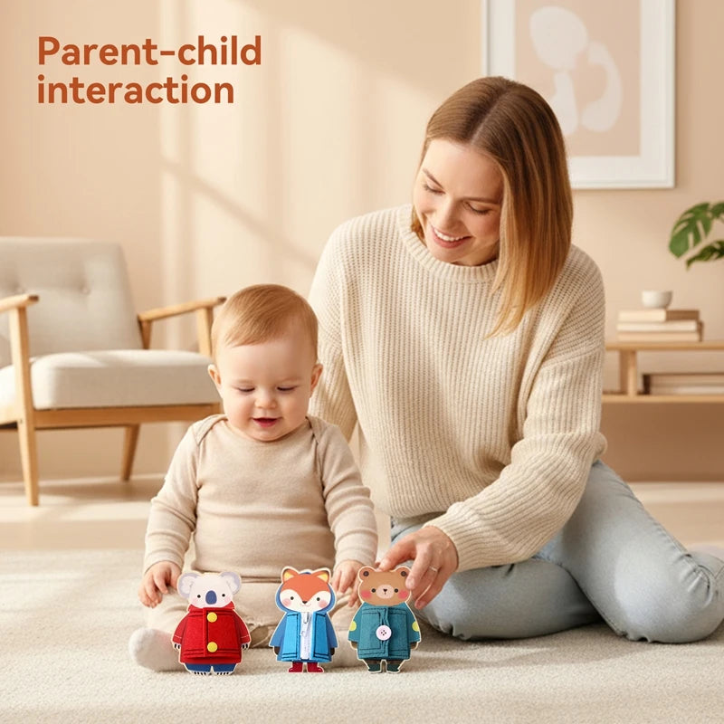A woman is interacting with a baby and several wooden Montessori busy board toys for fine motor practice.