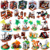 A collection of 11 animal figures and various zoo-themed building blocks and dioramas.