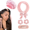 A pink satin heatless overnight curling headband shown next to a model wearing it.