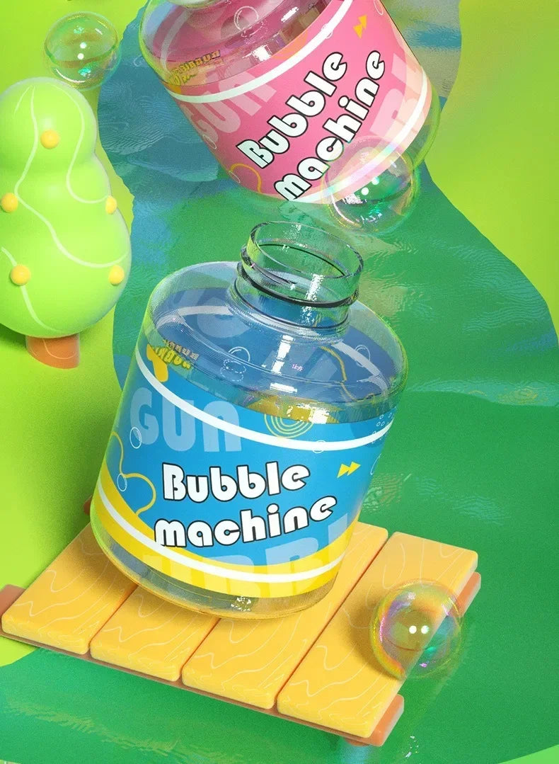 A clear bottle of bubble machine liquid sits on a yellow wooden block next to a green bubble toy.