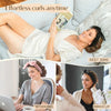 A woman is shown in various contexts using a heatless overnight curling headband for rest, working, and makeup.
