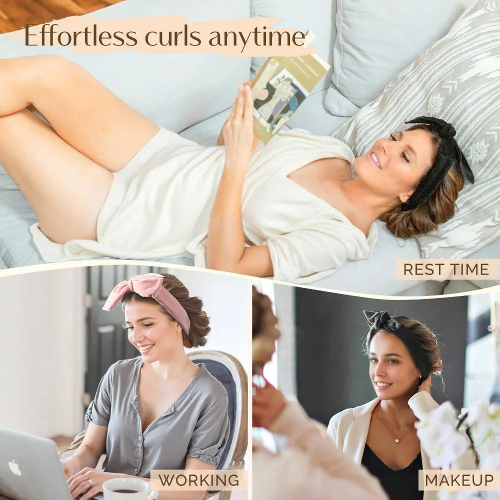 A woman is shown in various contexts using a heatless overnight curling headband for rest, working, and makeup.