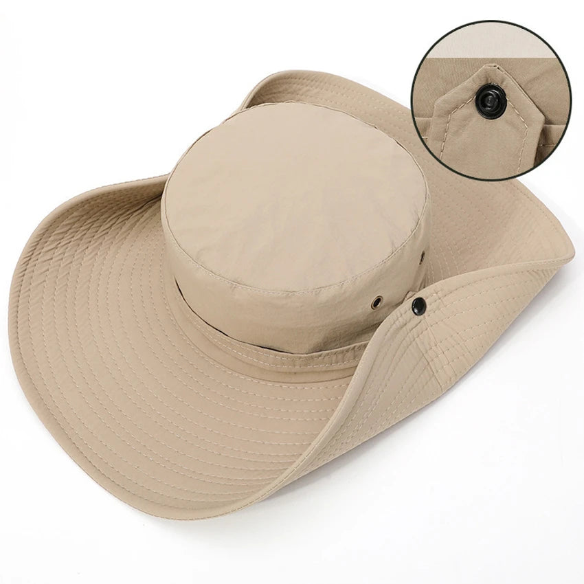 A beige men's wide brim mesh bucket hat shown with a close-up of the adjustable strap.