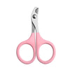A pair of pink stainless steel pet nail clippers with a non-slip grip.