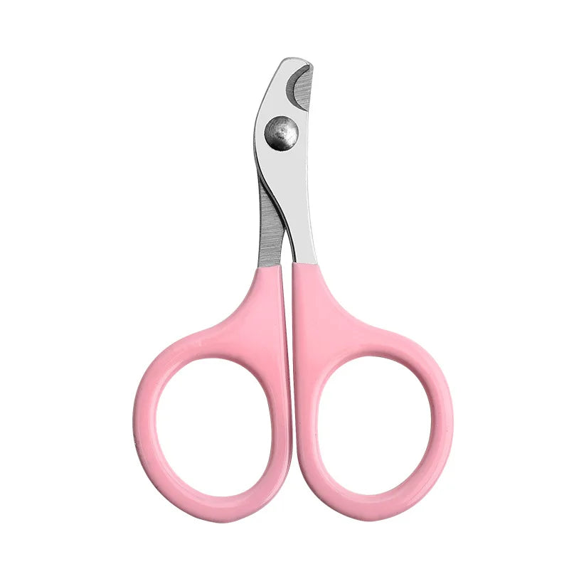 A pair of pink stainless steel pet nail clippers with a non-slip grip.