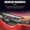 A hand applies a clear fluid to a car headlight, demonstrating the product's ability to increase hardness and resistance to h
