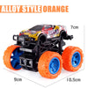An alloy style orange pull-back stunt SUV toy car with black chassis and orange wheels.