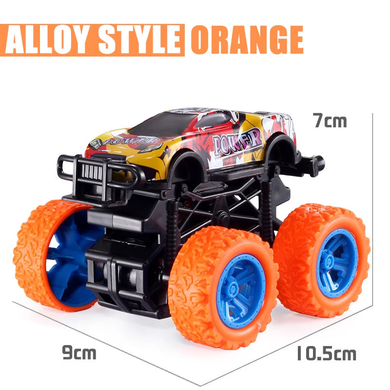 An alloy style orange pull-back stunt SUV toy car with black chassis and orange wheels.