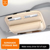A beige PU leather visor storage bag with a hook-and-loop strap is shown inside a car, designed for sunglasses.