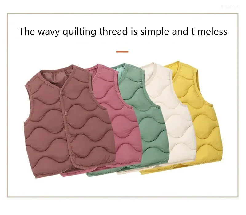 A stack of wavy quilted vests in shades of mauve, pink, mint green, and yellow.