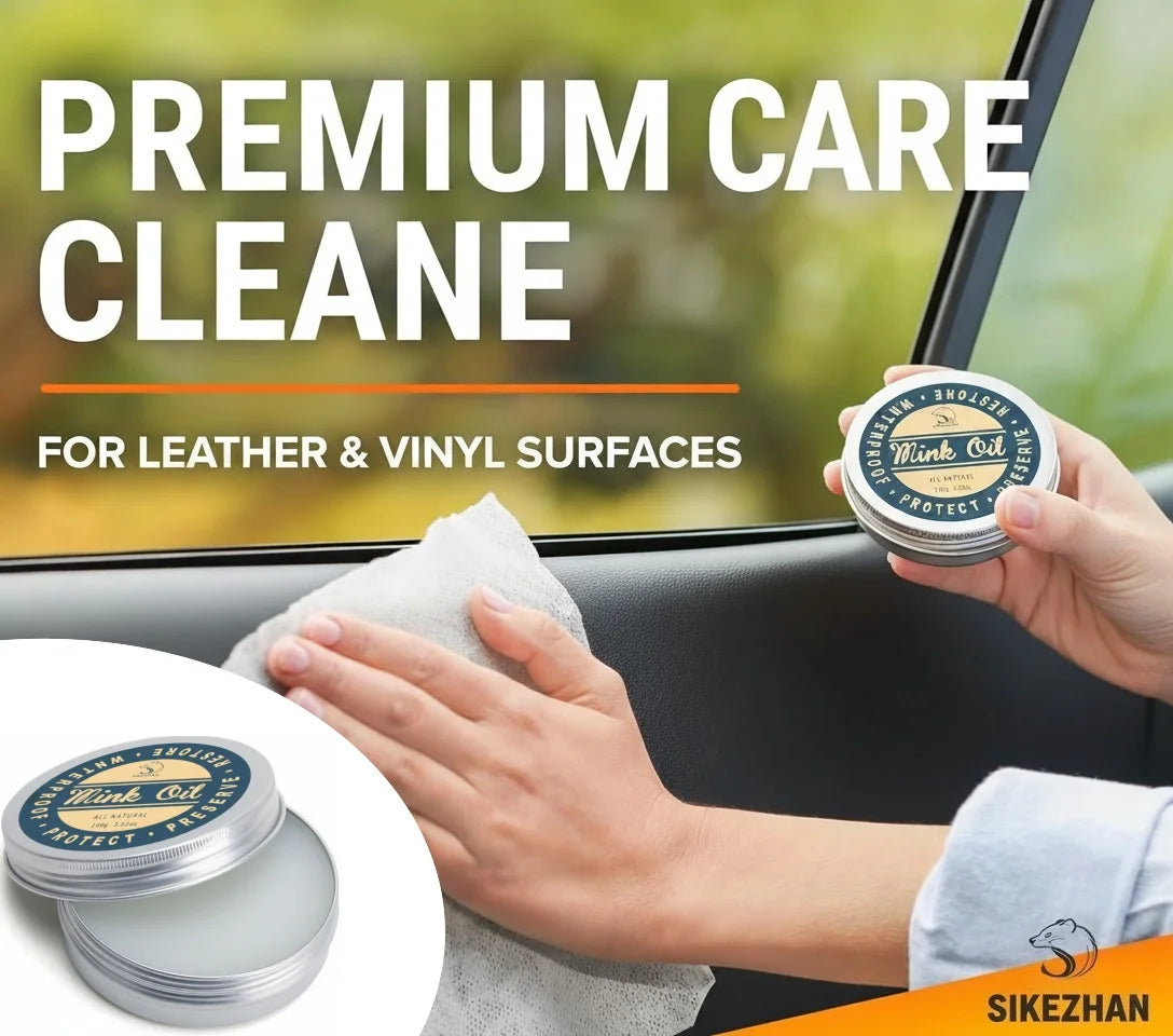 Hand cleaning leather and vinyl surfaces with Mink Oil Premium Care Clean product.