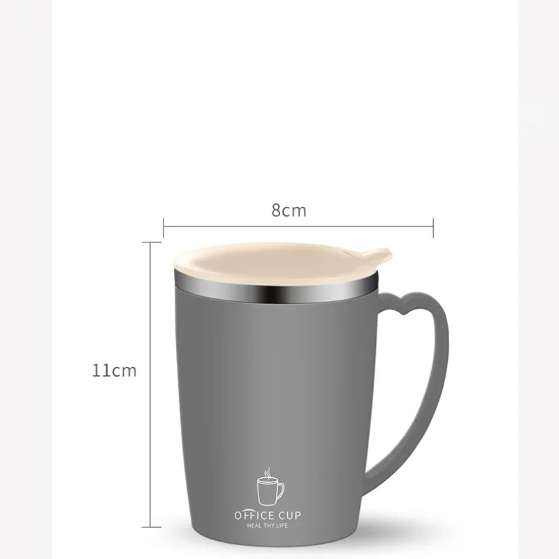 A matte grey stainless steel insulated travel mug with a handle, shown in a side view.