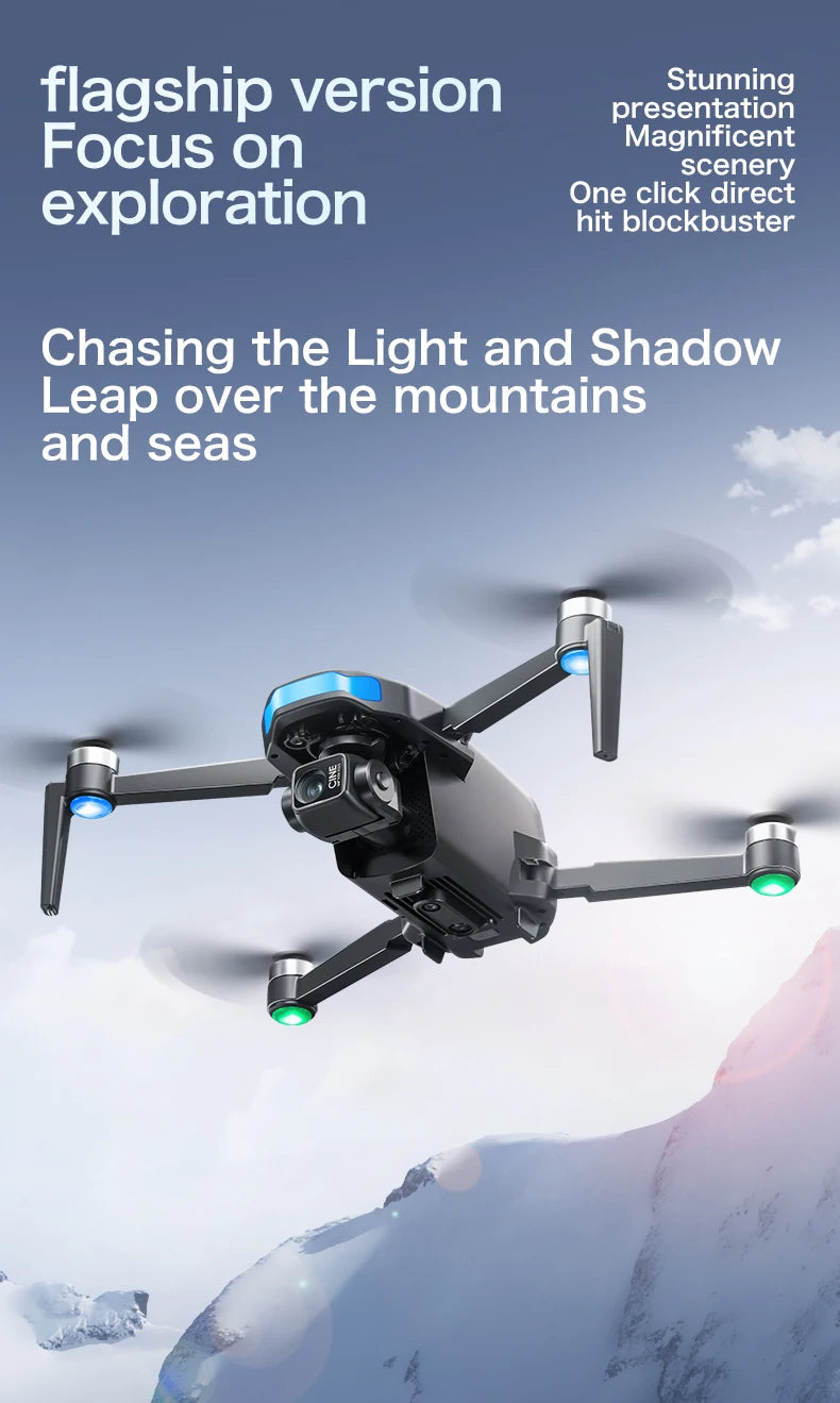 A black 4K GPS drone with a gimbal is shown flying over a snowy mountain landscape.