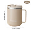 A beige double wall insulated stainless steel travel mug with a lid and handle, shown in a side view.