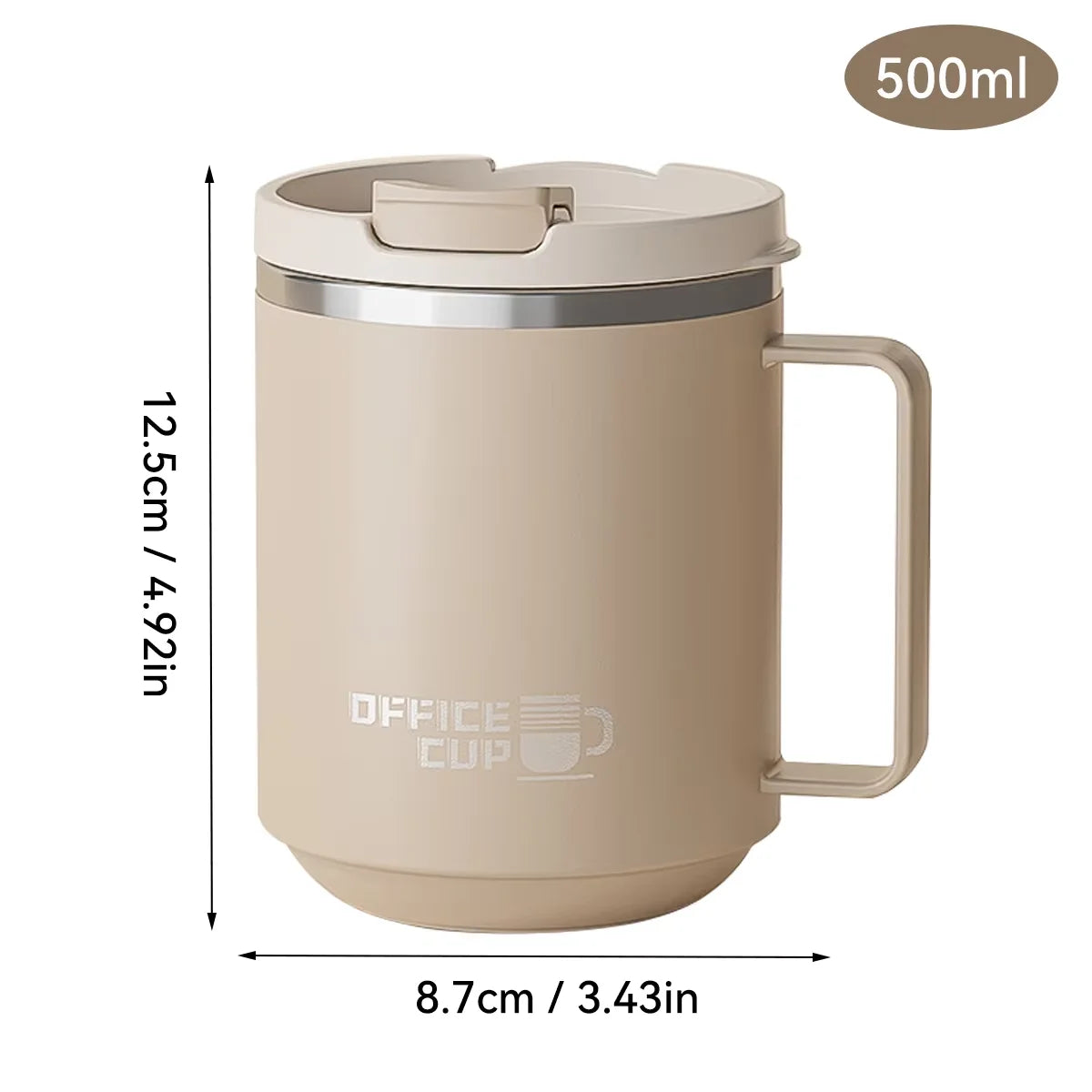 A beige double wall insulated stainless steel travel mug with a lid and handle, shown in a side view.