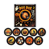 A magnetic vinyl record player night light with interchangeable discs and a decorative label featuring a spooky theme.