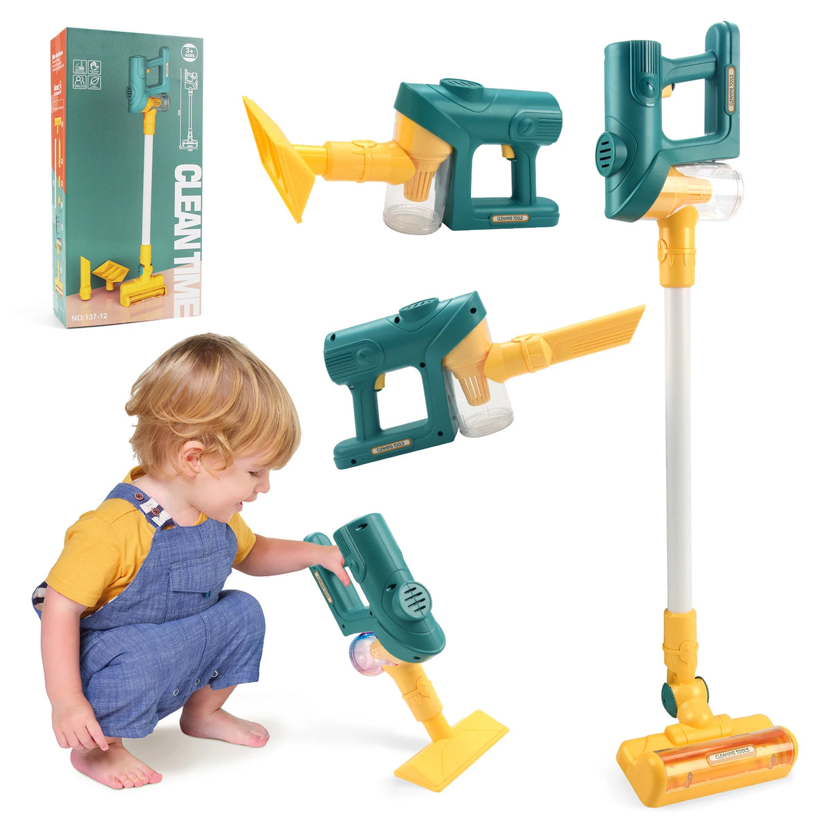 A collection of green and yellow kids' interactive toy vacuum cleaners, some assembled and one being used by a child.