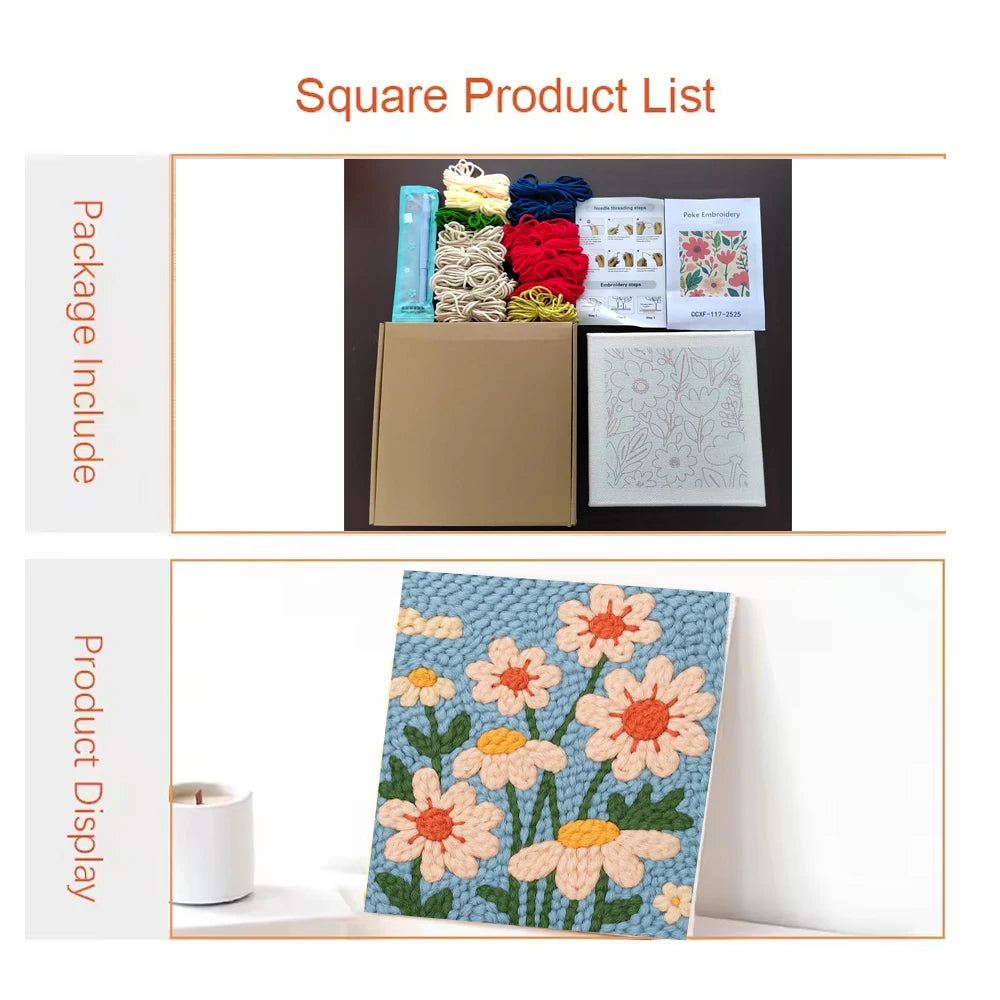Lista de productos cuadrados con materiales de bordado de punzón, incluyendo diseños de hilo y tela