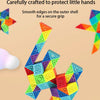 A colorful, geometric snake cube fidget toy with smooth edges is shown against a light background.