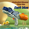 A dark blue mechanical dinosaur water gun is shown against a green background with small mushrooms and pine trees.