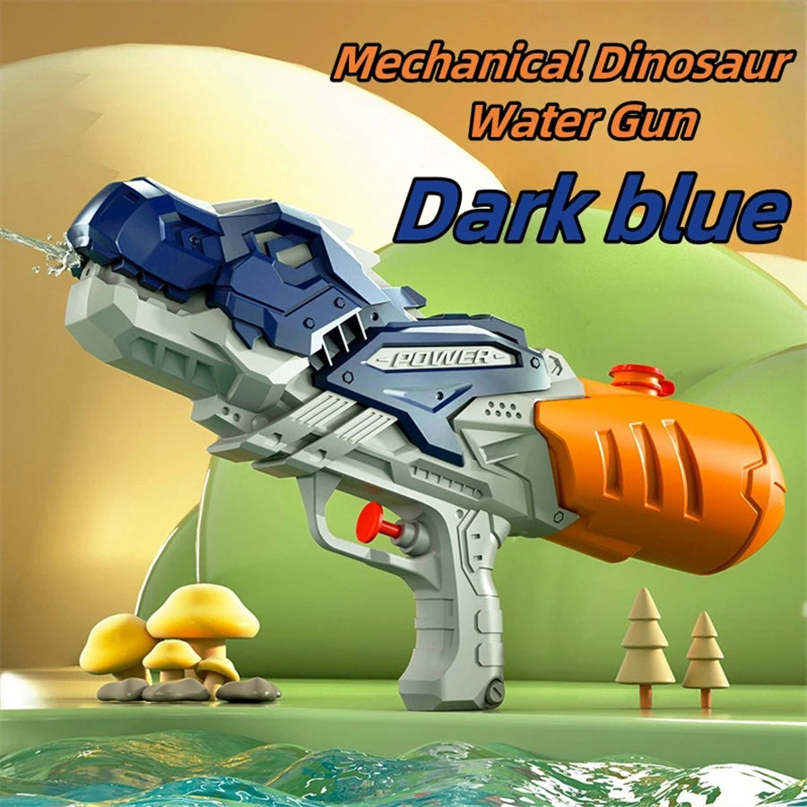 A dark blue mechanical dinosaur water gun is shown against a green background with small mushrooms and pine trees.