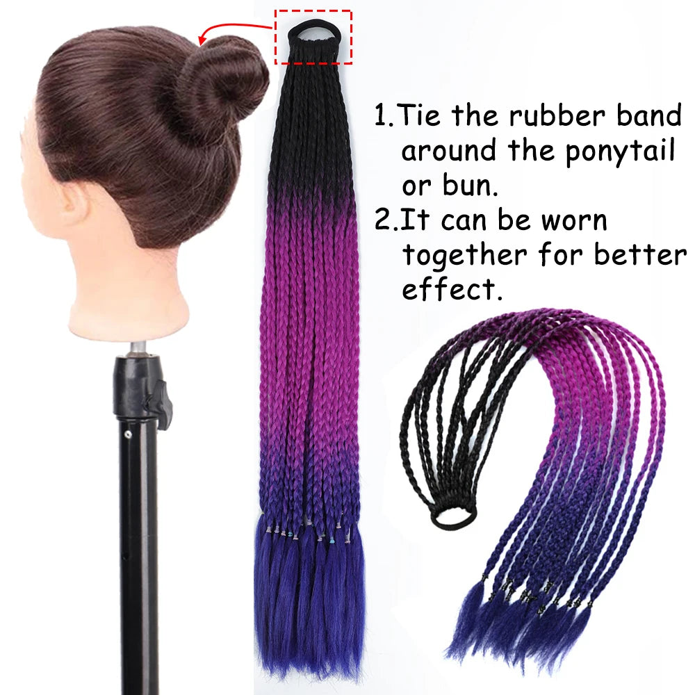A long, pre-braided hair extension featuring a gradient color transition from purple to blue, shown alongside instructions fo