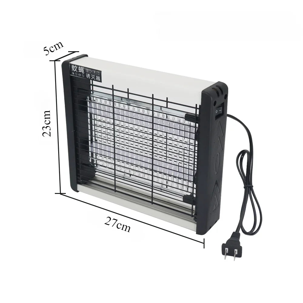 A rectangular electric mosquito killer lamp with a clear housing and a black frame, showing its dimensions.
