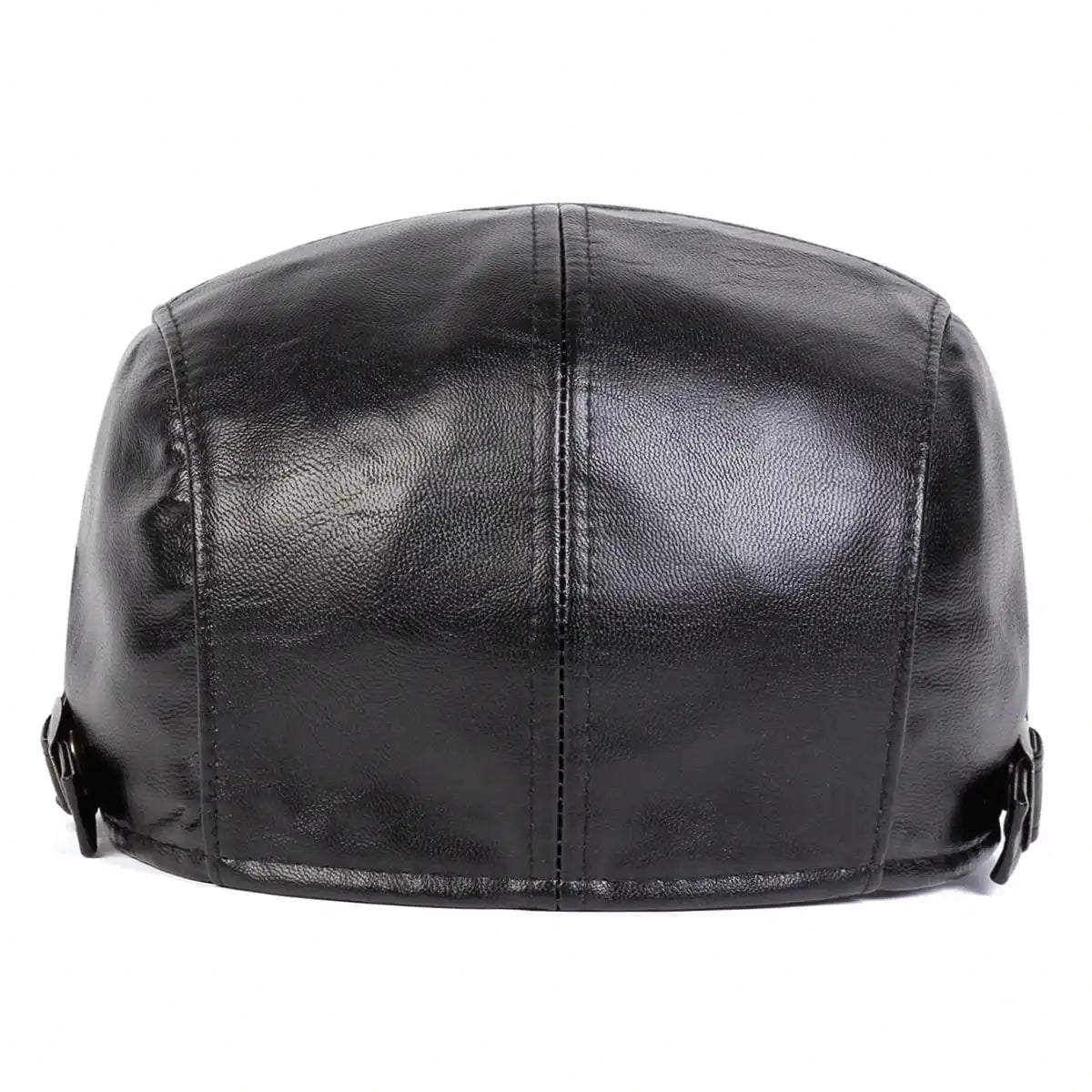 Black men's retro faux leather newsboy cap with an adjustable fit