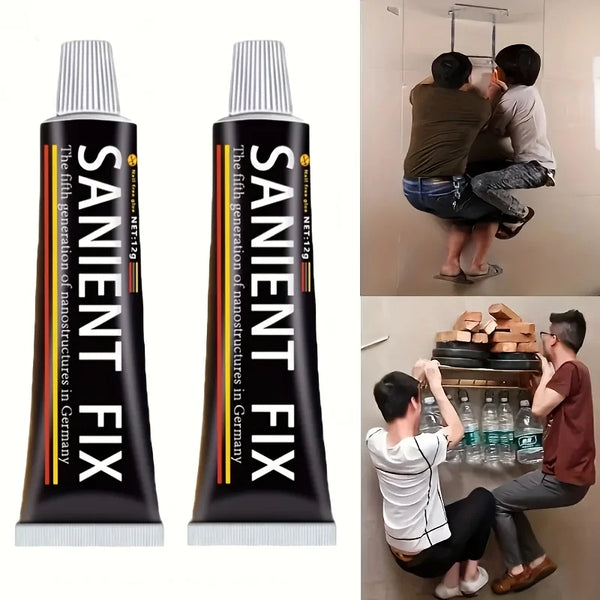 A bottle of SANIENT FIX multi-surface waterproof sealant adhesive shown in various angles.