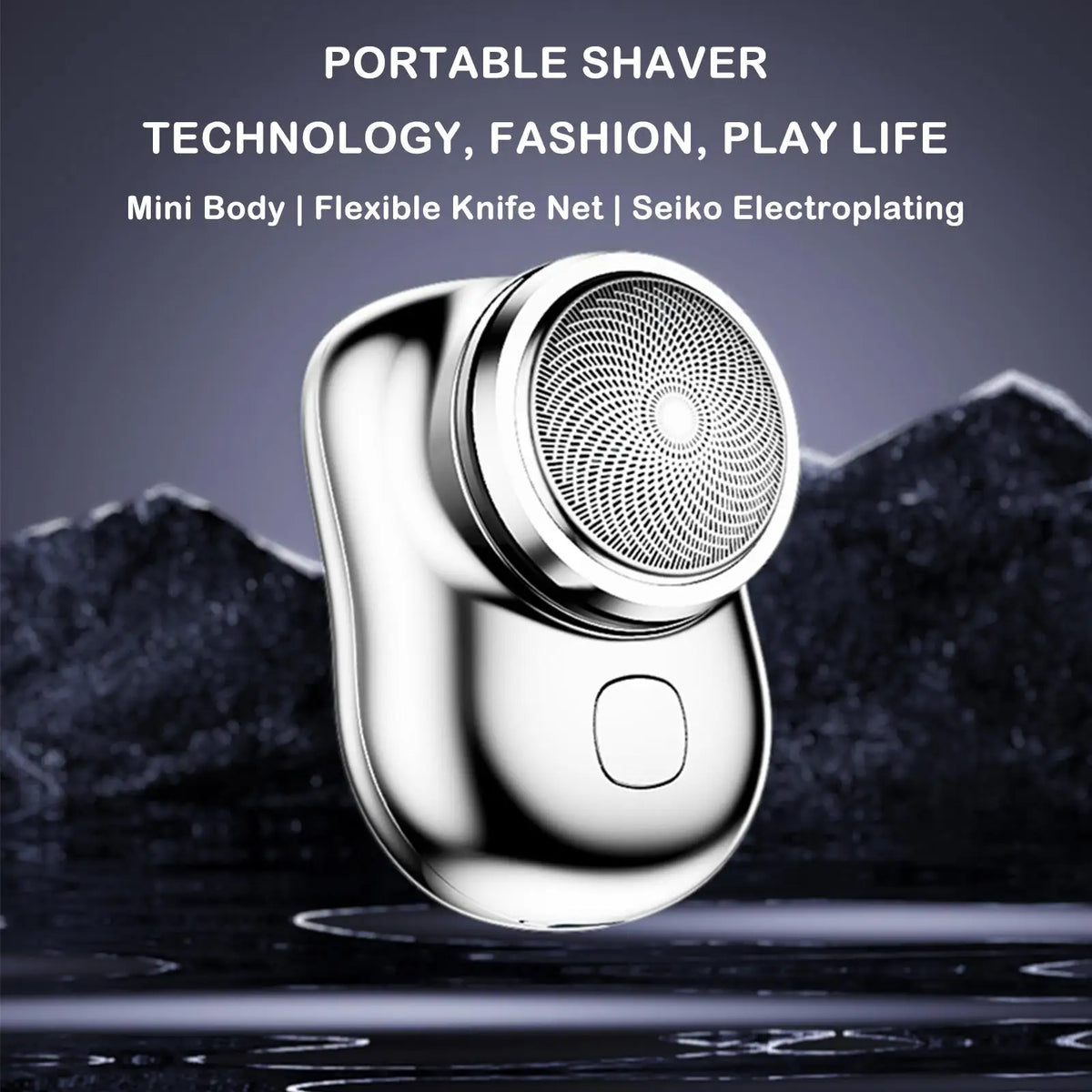 A close-up shot of a silver portable shaver with a textured head resting on a dark surface.