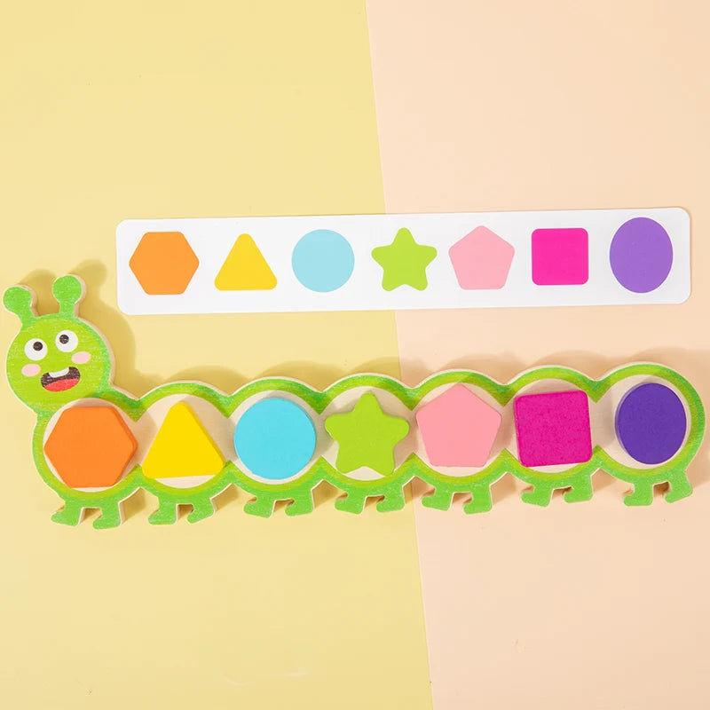 A magnetic caterpillar puzzle featuring colorful geometric shapes and colors for children's learning.