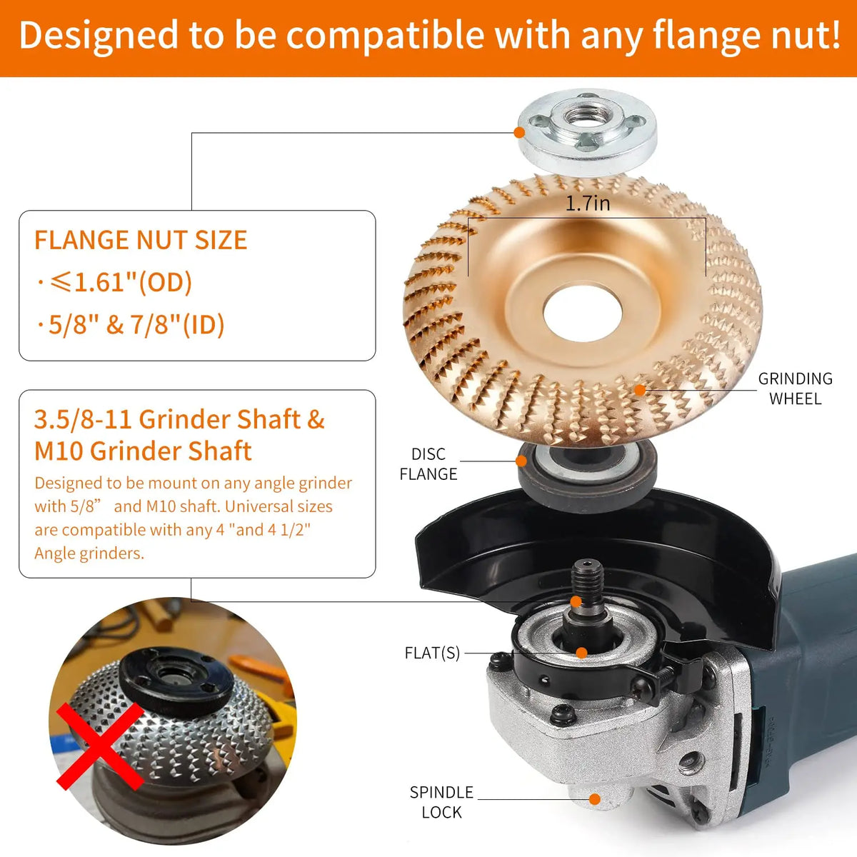 A close-up view of a grinding wheel and disc flange designed to be compatible with any flange nut.