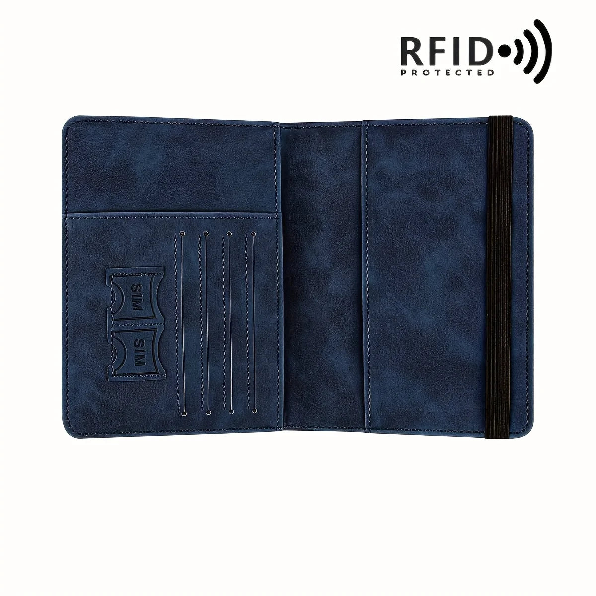 حامل جواز سفر من الجلد الأزرق الداكن مع حماية RFID وفتحات بطاقات متعددة