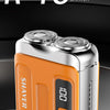 Afeitadora Witzio R-18 naranja y plata sobre superficie oscura.